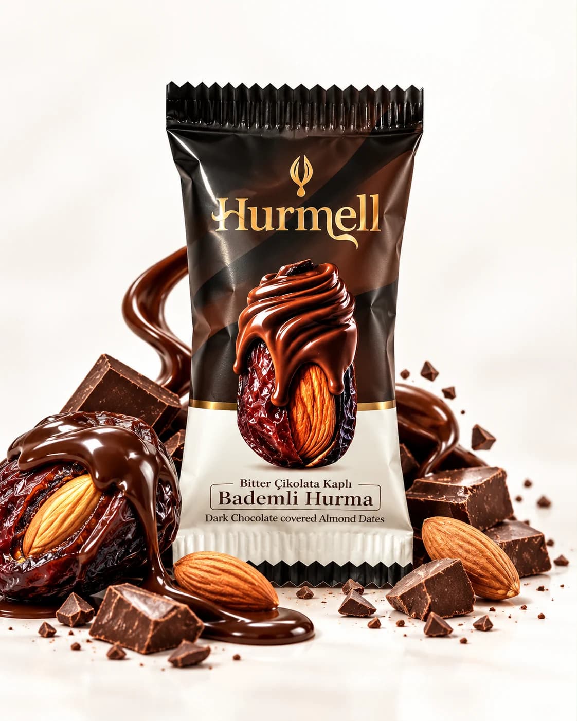 Hurmell Bitter Çikolata Kaplı Bademli Hurma paketi, bitter çikolata parçaları ve bademlerle