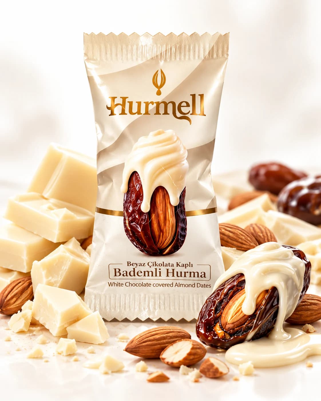 Hurmell Beyaz Çikolata Kaplı Bademli Hurma paketi, beyaz çikolata parçaları ve bademlerle